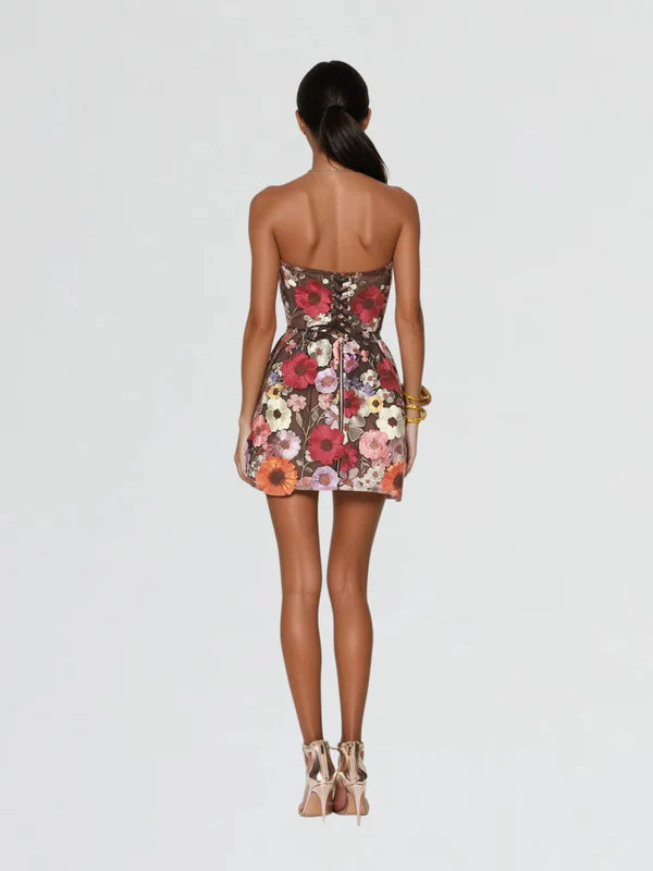 Galina Strapless Flower Embroidered Mini Dress