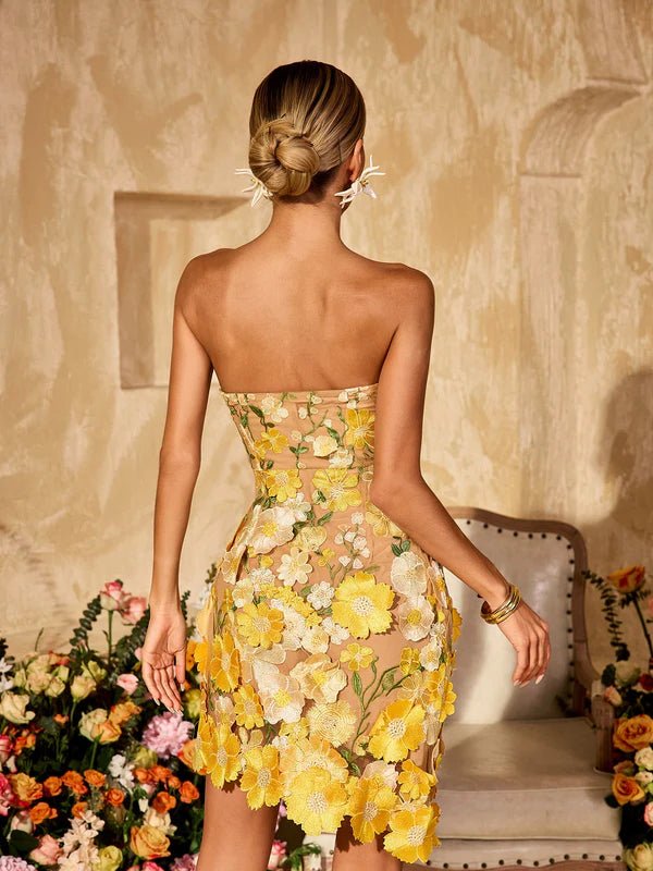 Delilah Strapless Embroidered Flower Mini Dress - Livetta