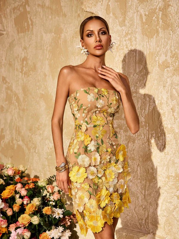 Delilah Strapless Embroidered Flower Mini Dress - Livetta