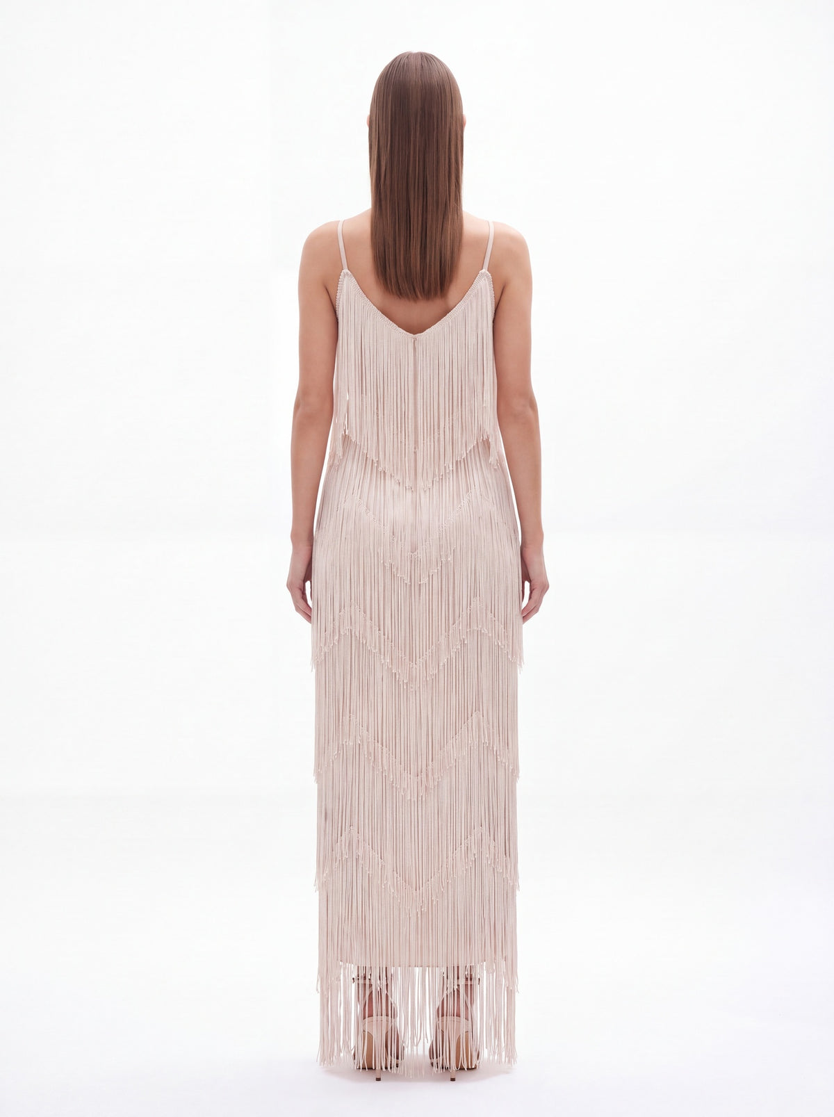 Adeline Classic Contour V Neck Layered Fringe Bandage Maxi Dress