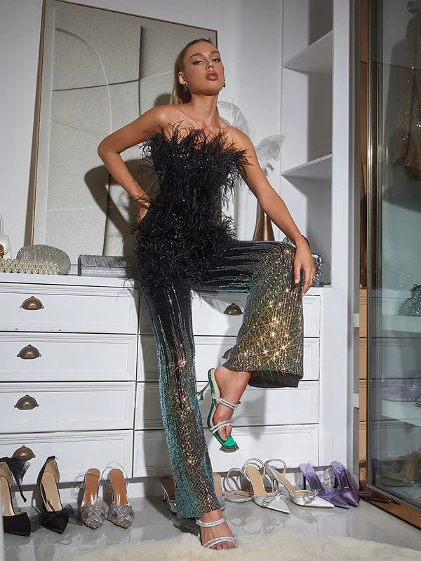 Ella Ombre Feather Sequin Jumpsuit - Livetta