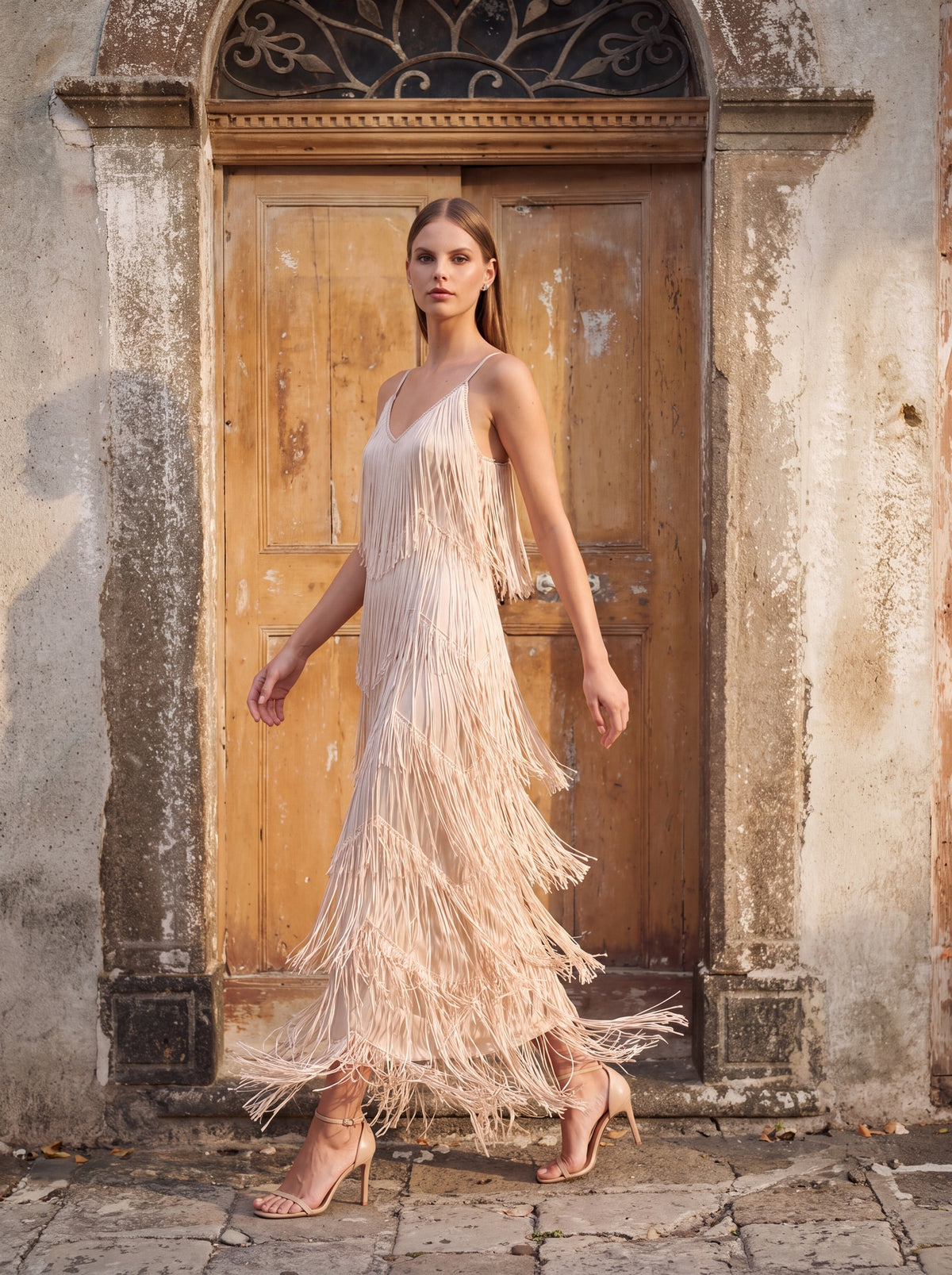 Adeline Classic Contour V Neck Layered Fringe Bandage Maxi Dress