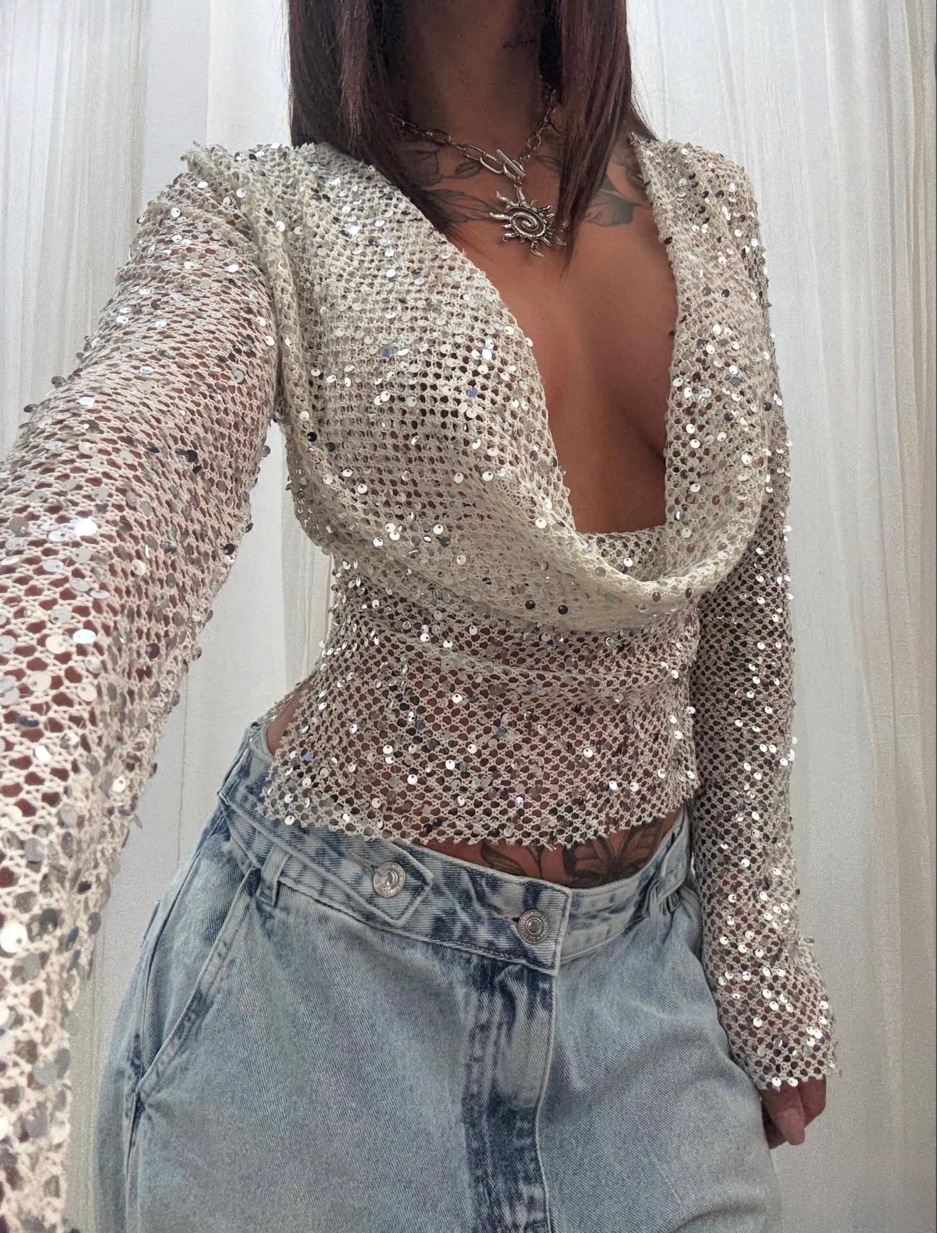 Gracie Open - Back Sequin Mesh Crop Top - Livetta