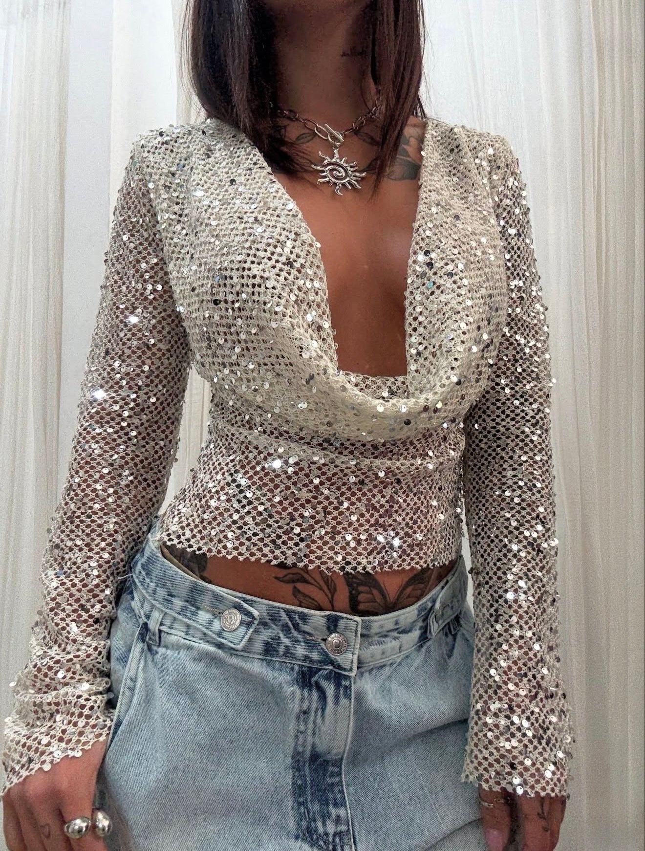 Gracie Open - Back Sequin Mesh Crop Top - Livetta