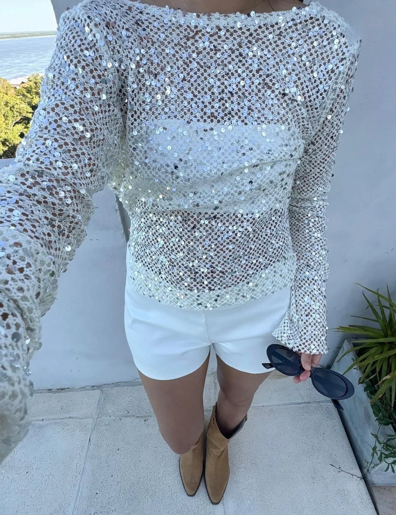 Gracie Open - Back Sequin Mesh Crop Top - Livetta