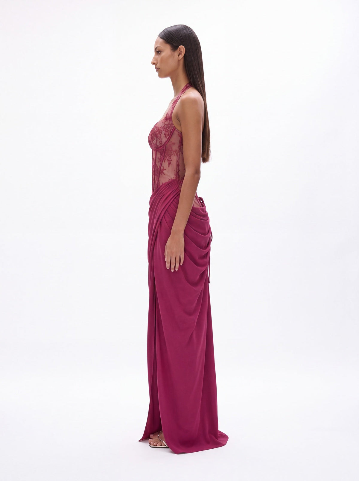 Henrietta Classic Halter V Neck Lace Slit Maxi Dress - Livetta