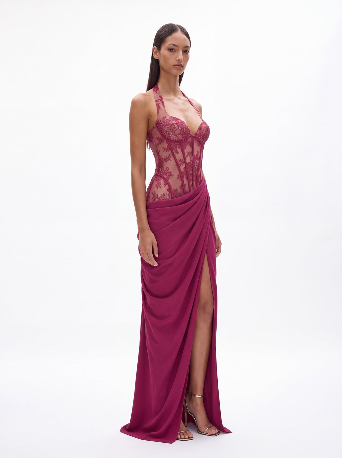 Henrietta Classic Halter V Neck Lace Slit Maxi Dress - Livetta