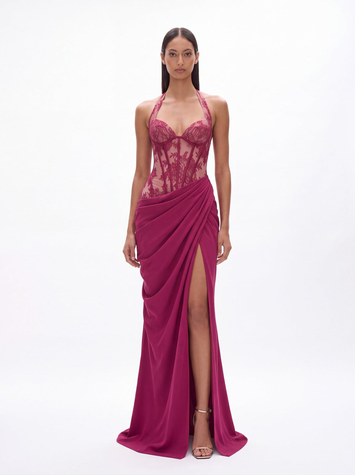 Henrietta Classic Halter V Neck Lace Slit Maxi Dress - Livetta