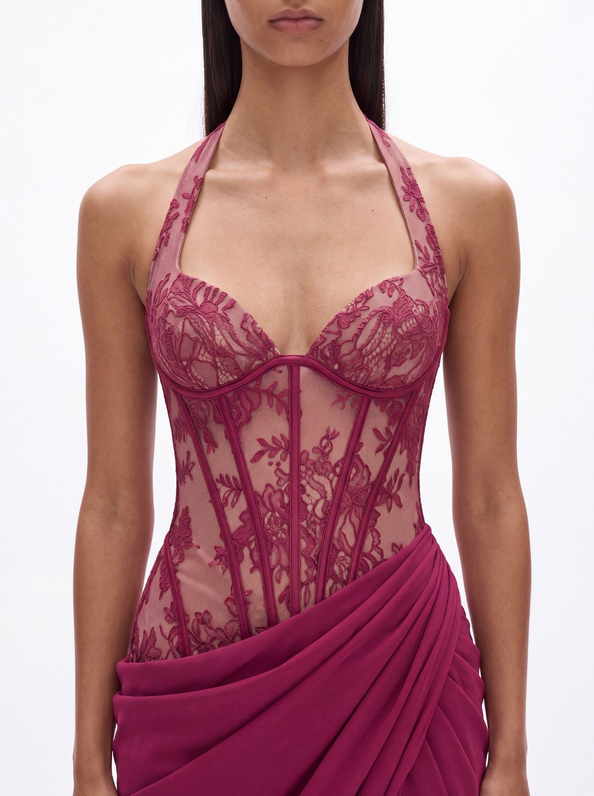 Henrietta Classic Halter V Neck Lace Slit Maxi Dress - Livetta