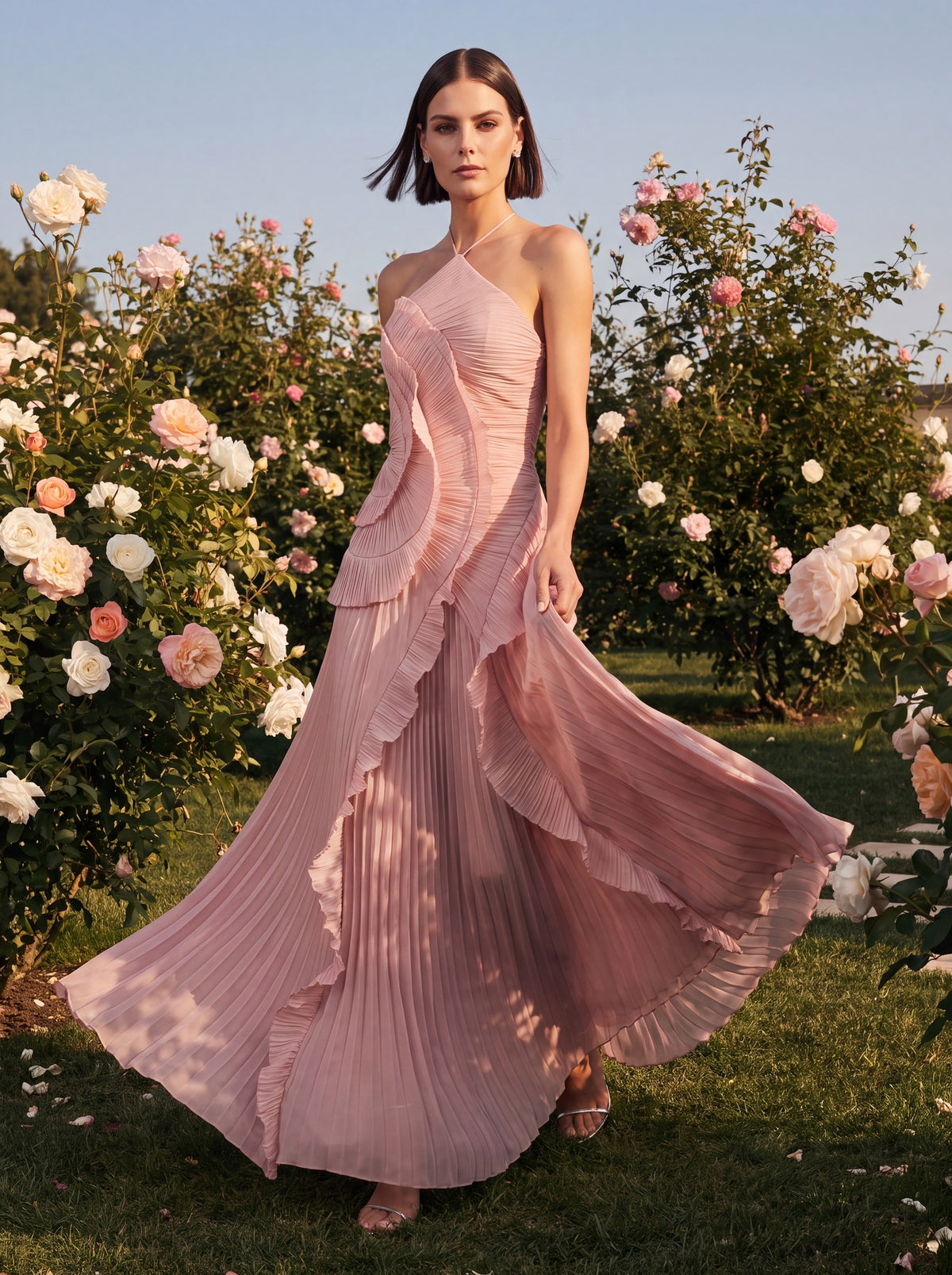 Vera Asymmetric Pleated Halterneck Maxi Dress