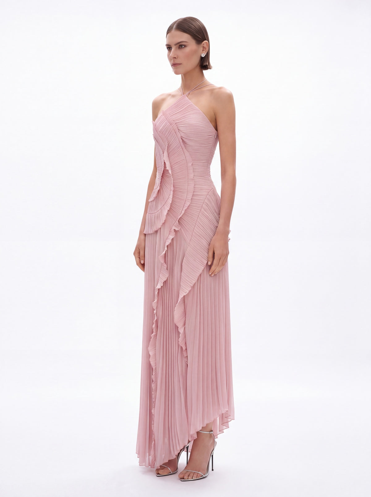 Vera Asymmetric Pleated Halterneck Maxi Dress