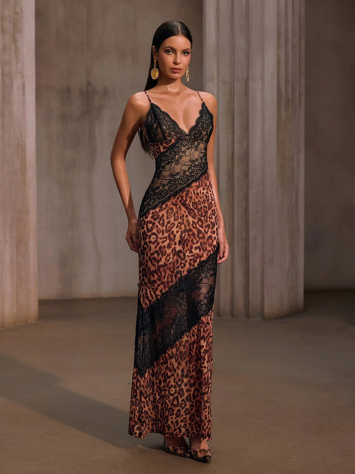 Rochelle Spaghetti Lace Leopard Maxi Dress - Livetta
