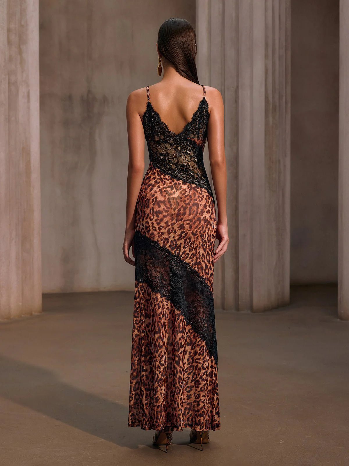Rochelle Spaghetti Lace Leopard Maxi Dress - Livetta