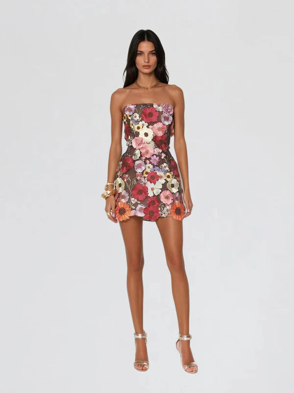 Galina Strapless Flower Embroidered Mini Dress