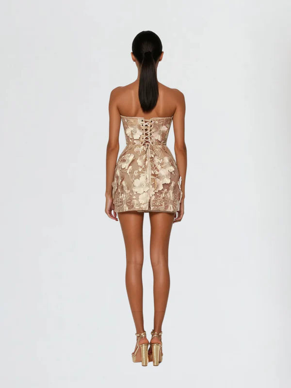 Galina Strapless Flower Embroidered Mini Dress