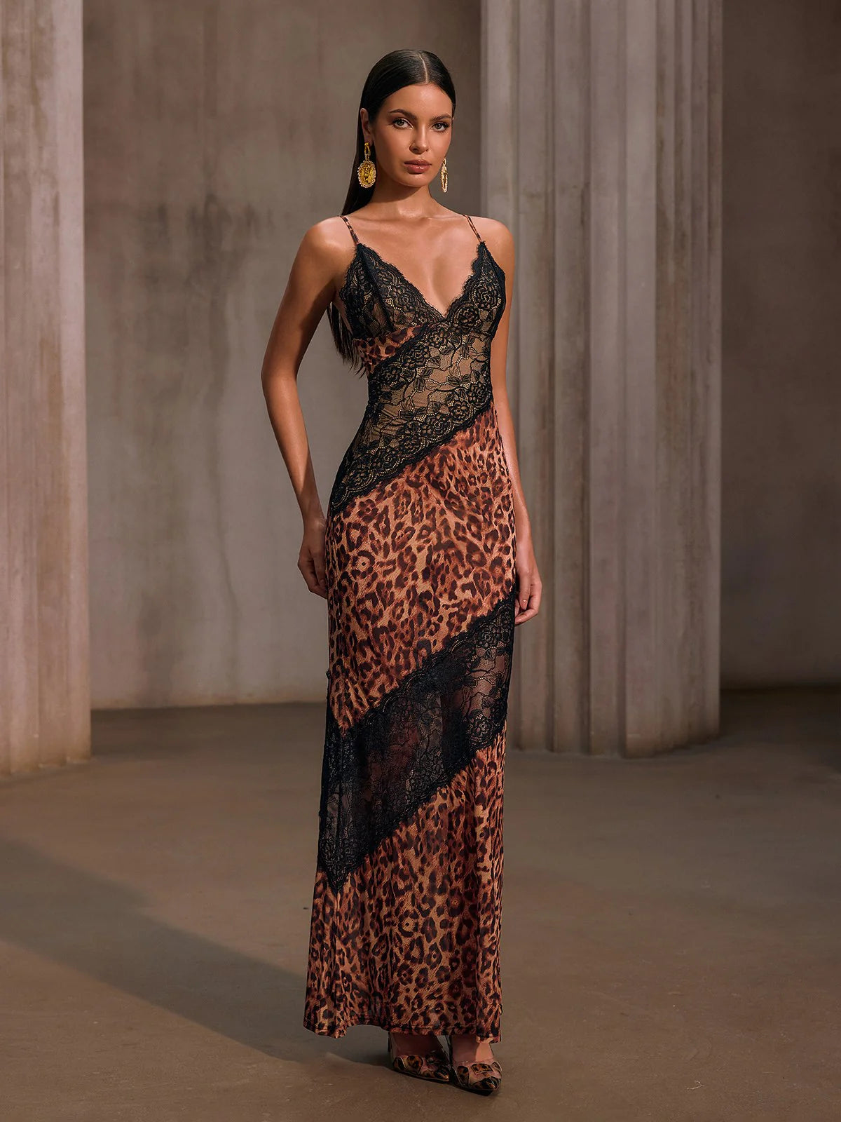 Rochelle Spaghetti Lace Leopard Maxi Dress