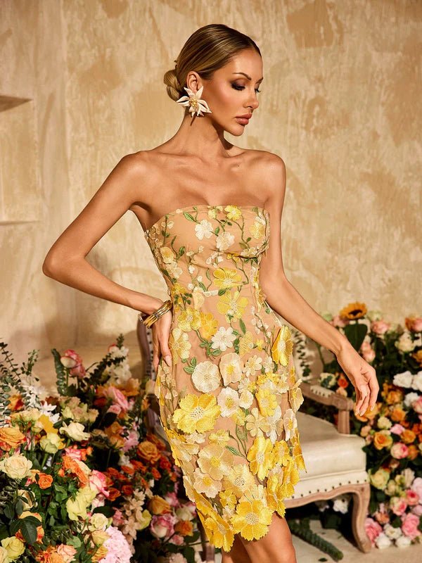 Delilah Strapless Embroidered Flower Mini Dress - Livetta
