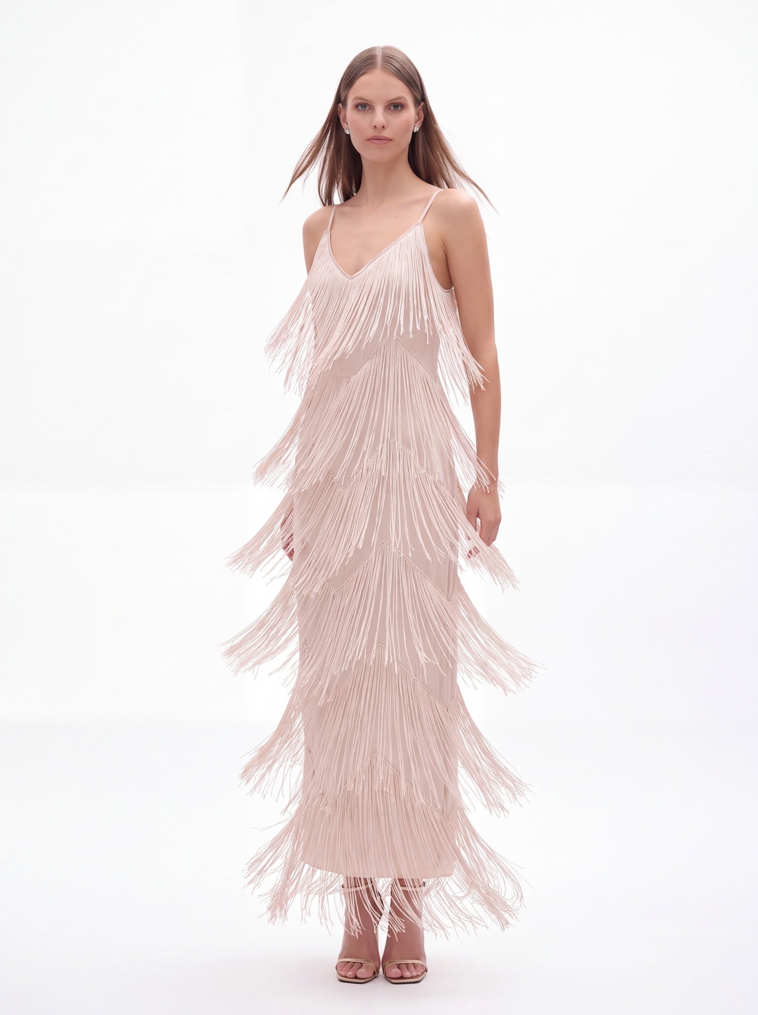 Adeline Classic Contour V Neck Layered Fringe Bandage Maxi Dress