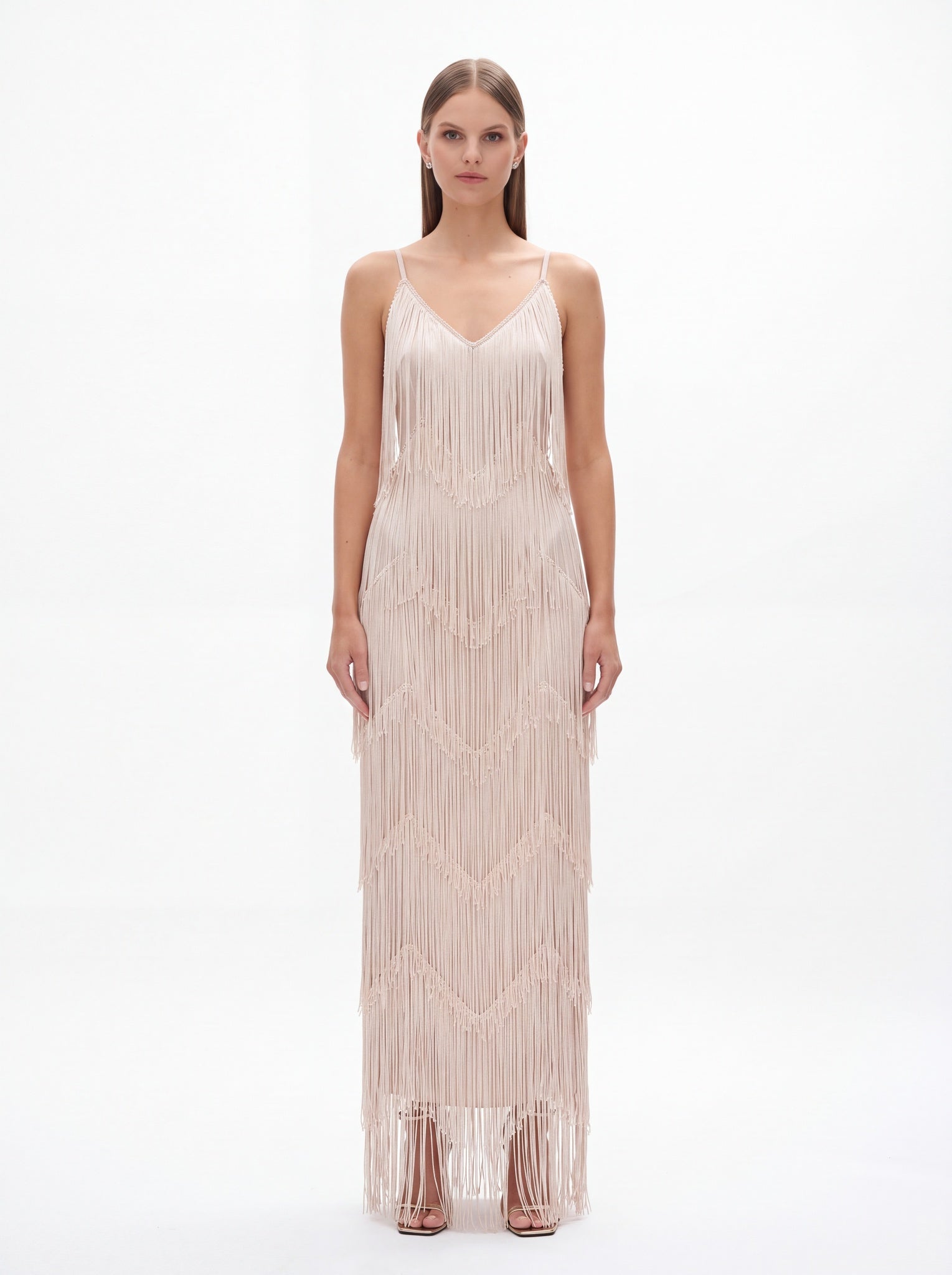 Adeline Classic Contour V Neck Layered Fringe Bandage Maxi Dress