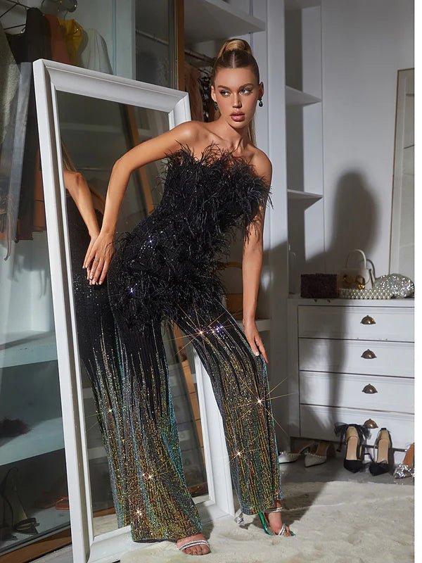 Ella Ombre Feather Sequin Jumpsuit - Livetta