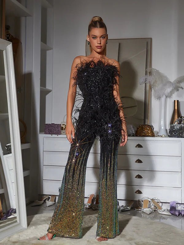 Ella Ombre Feather Sequin Jumpsuit - Livetta