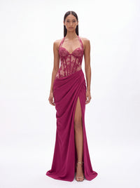 Henrietta Classic Halter V Neck Lace Slit Maxi Dress - Livetta