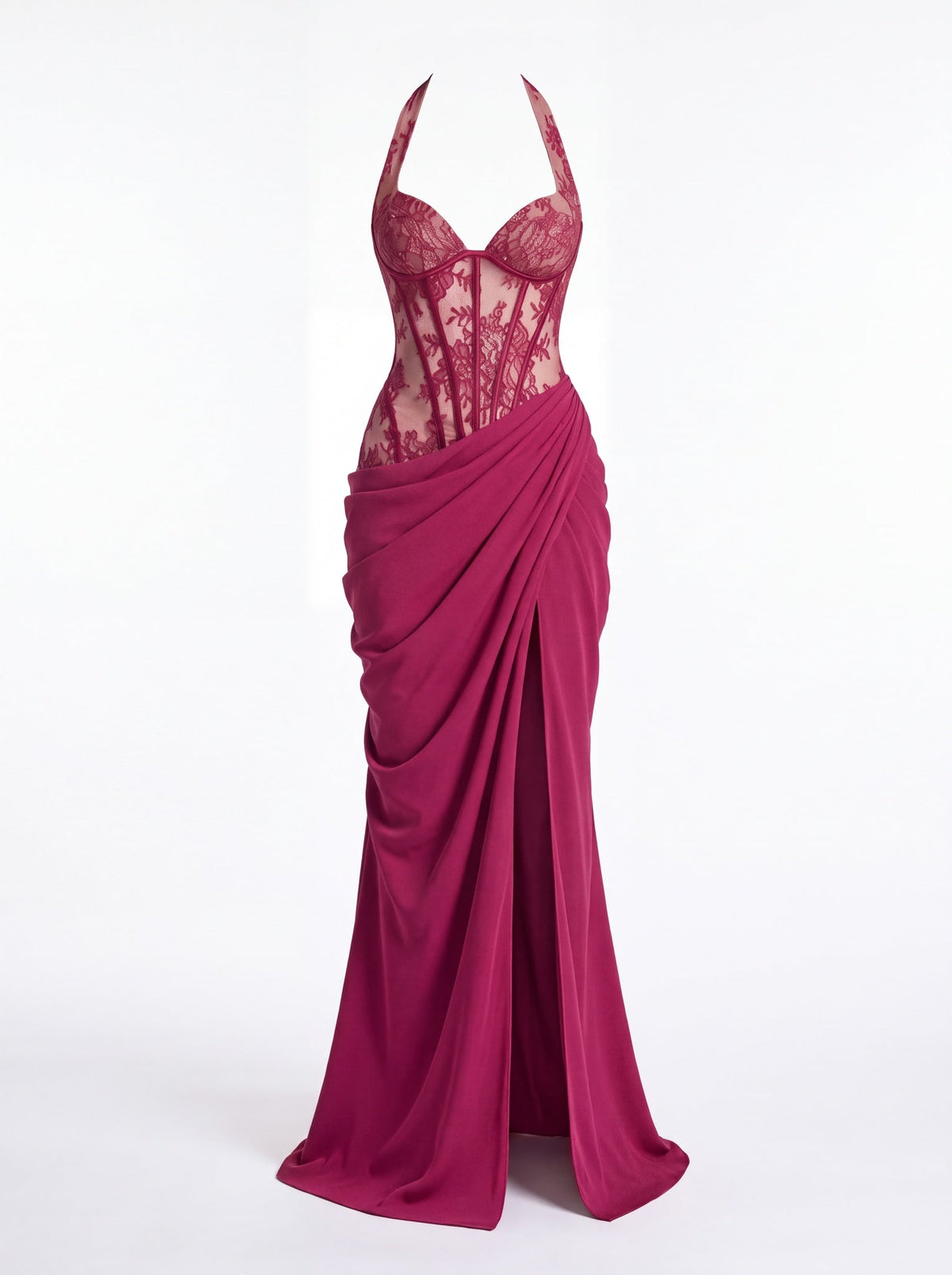Henrietta Classic Halter V Neck Lace Slit Maxi Dress - Livetta