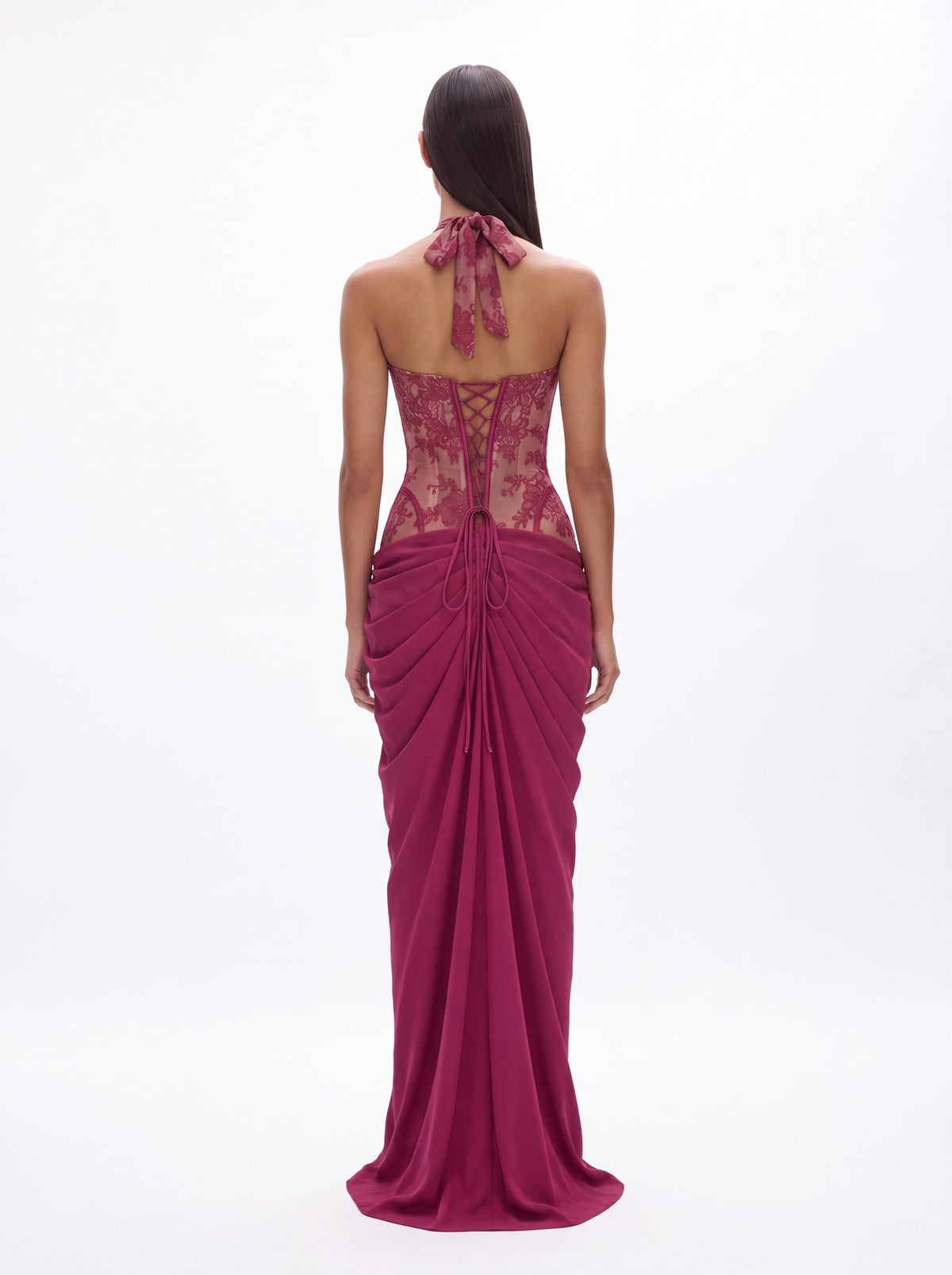 Henrietta Classic Halter V Neck Lace Slit Maxi Dress - Livetta