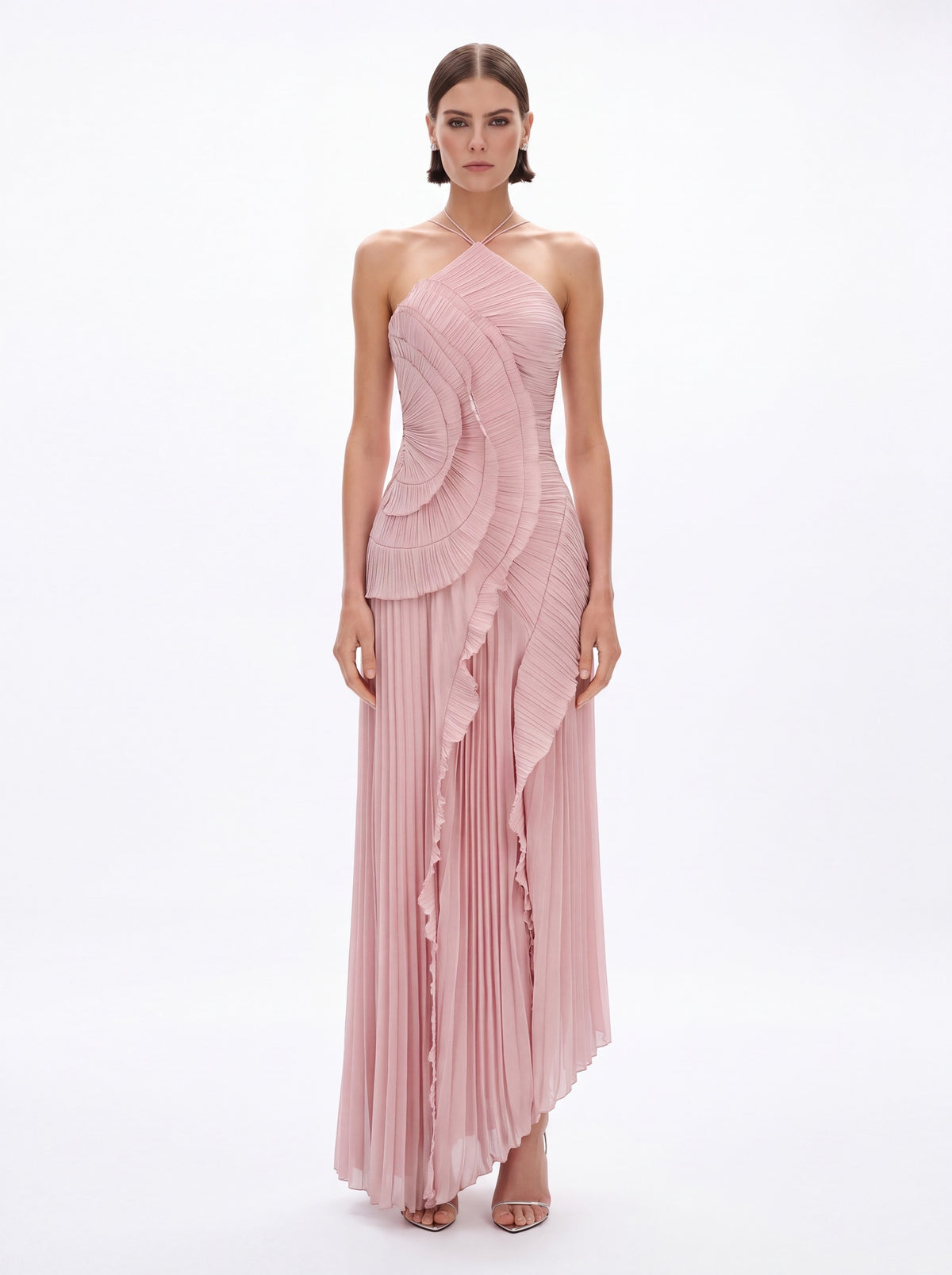 Vera Asymmetric Pleated Halterneck Maxi Dress