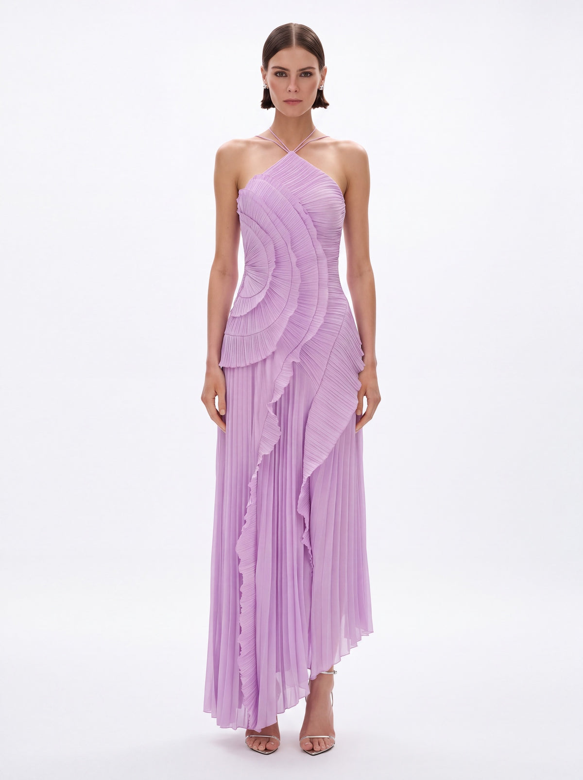 Vera Asymmetric Pleated Halterneck Maxi Dress