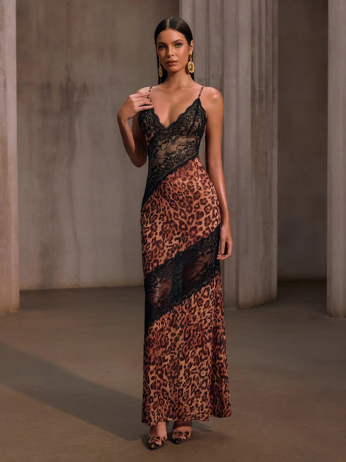 Rochelle Spaghetti Lace Leopard Maxi Dress - Livetta