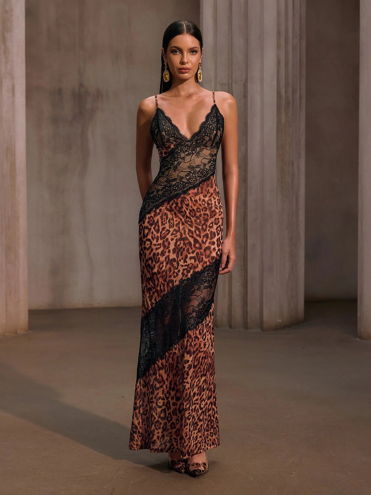 Rochelle Spaghetti Lace Leopard Maxi Dress - Livetta