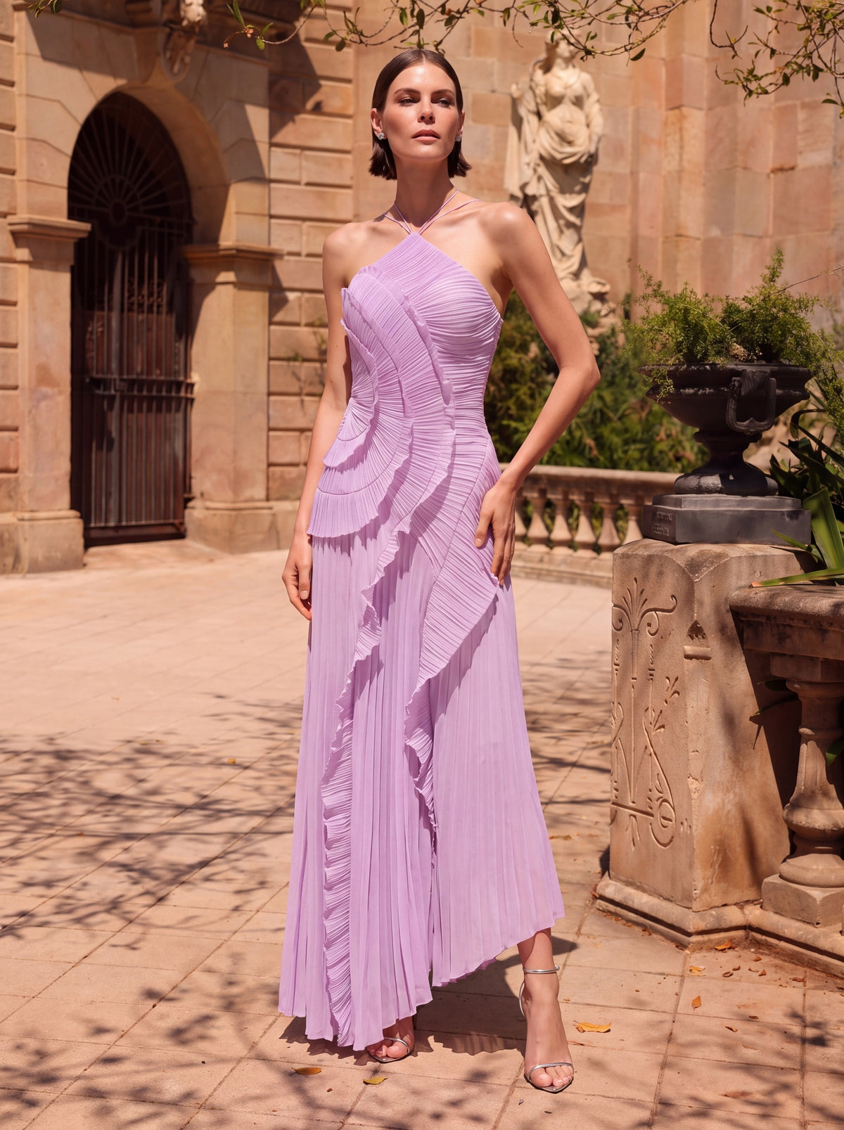 Vera Asymmetric Pleated Halterneck Maxi Dress