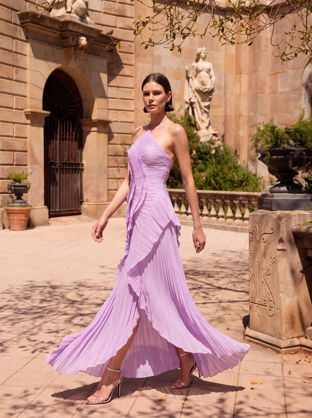 Vera Asymmetric Pleated Halterneck Maxi Dress