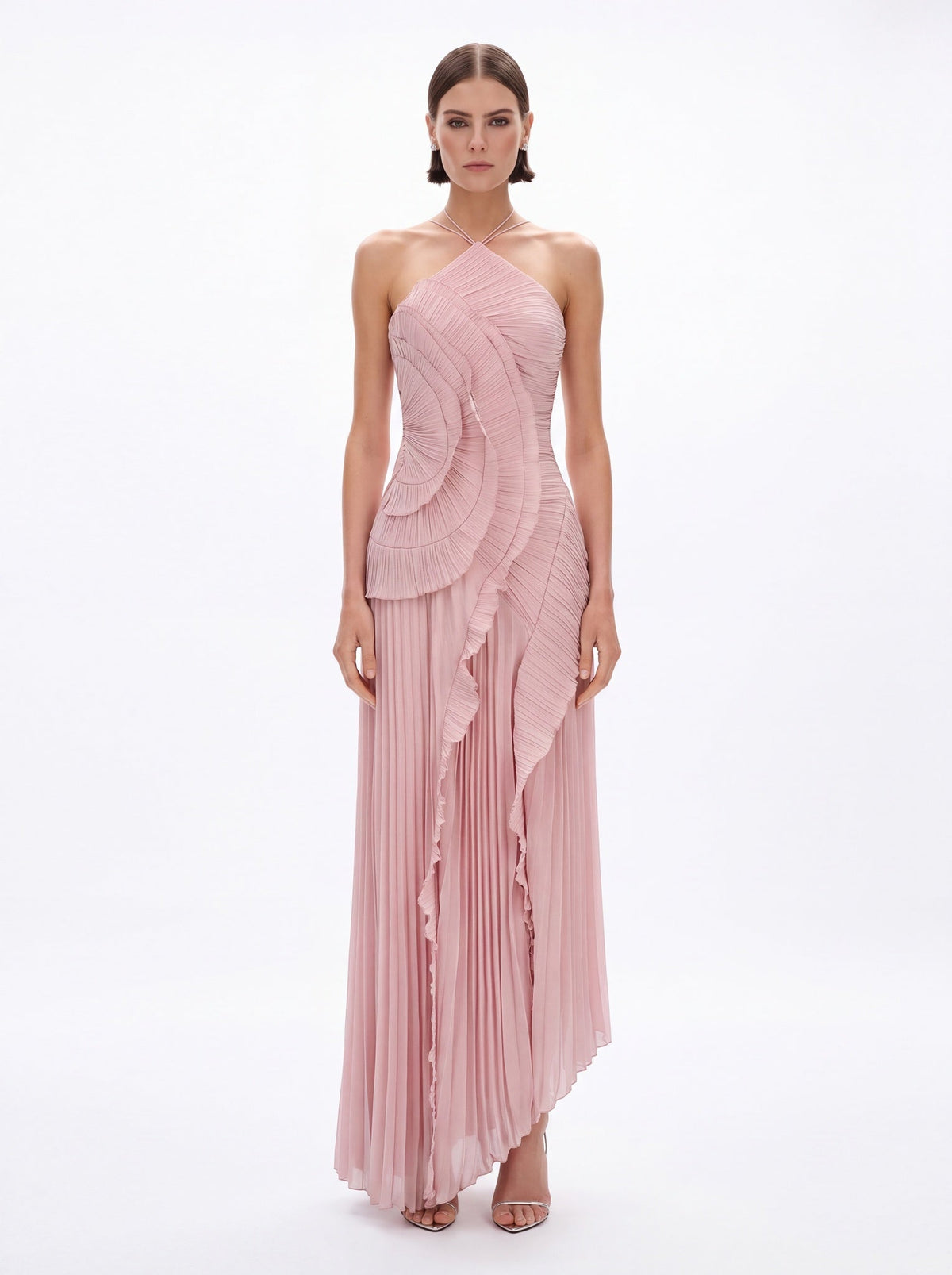 Vera Asymmetric Pleated Halterneck Maxi Dress - Livetta