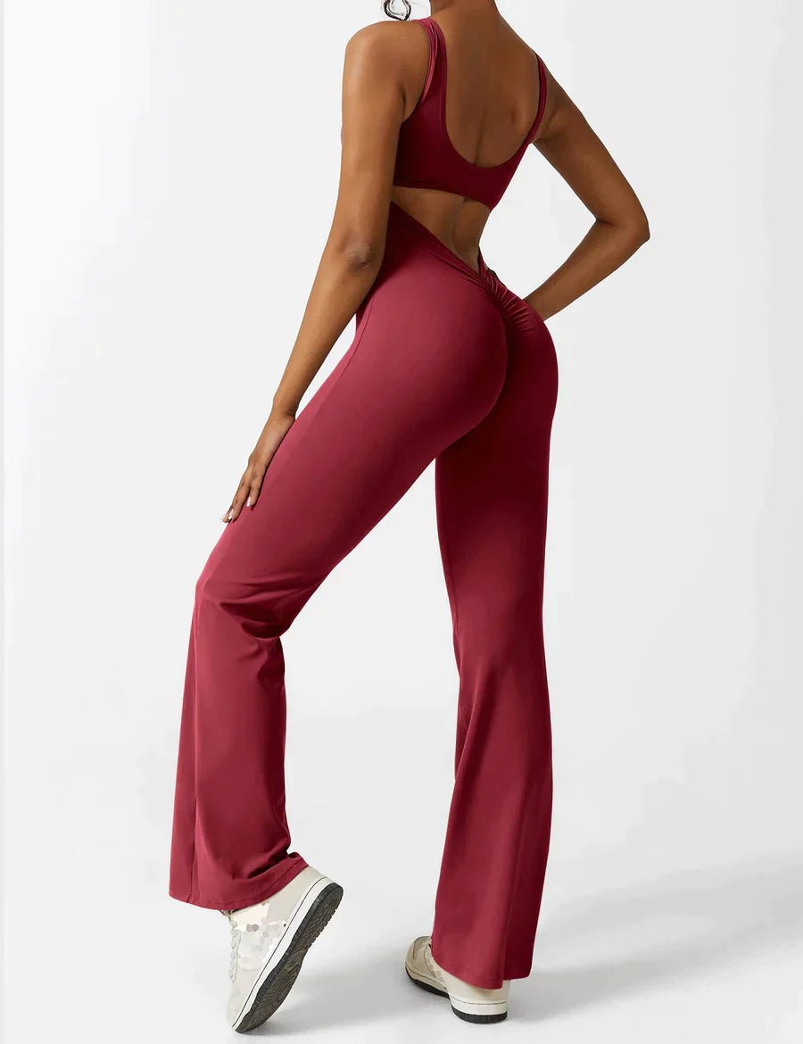 Short Sleeve V-Back Flared Jumpsuit - GetLivetta