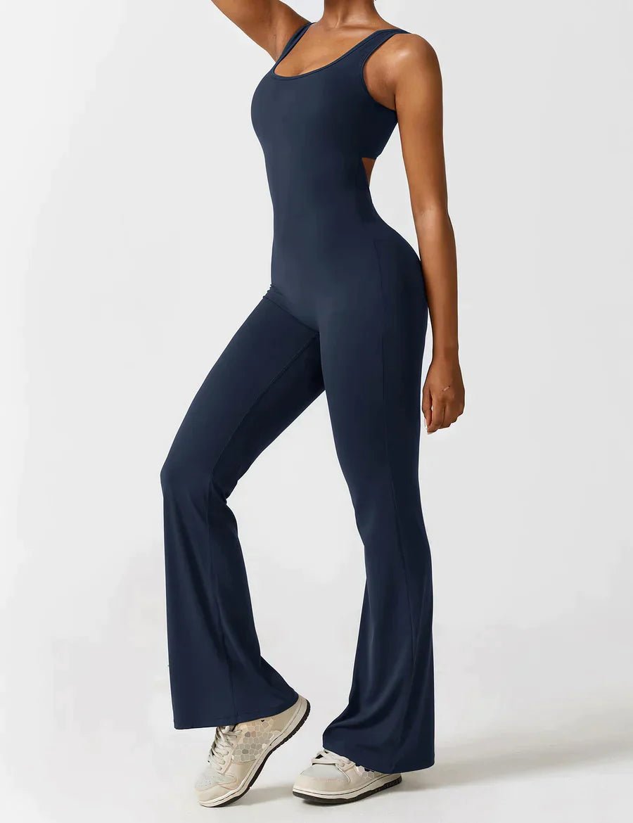 Short Sleeve V-Back Flared Jumpsuit - GetLivetta