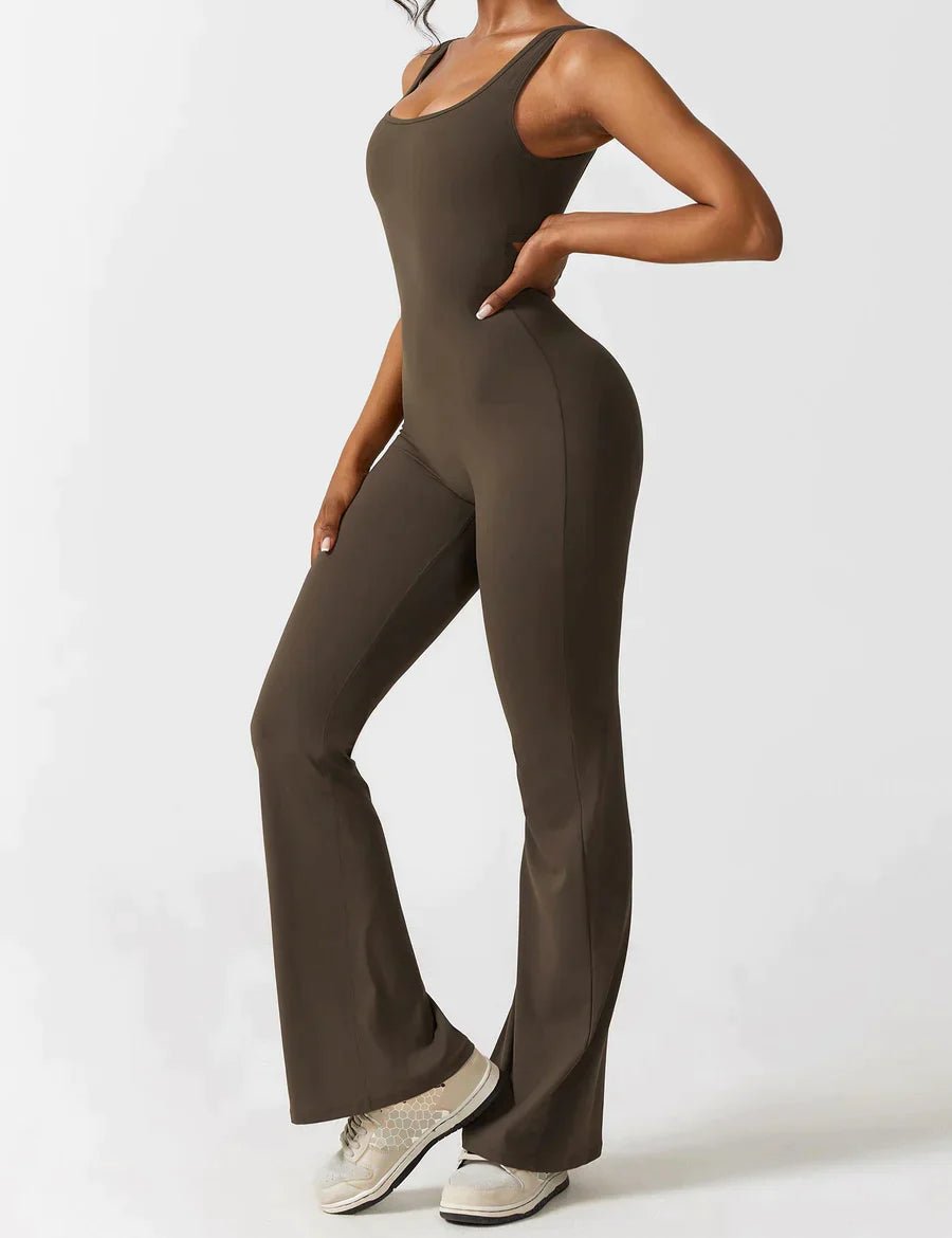 Short Sleeve V-Back Flared Jumpsuit - GetLivetta